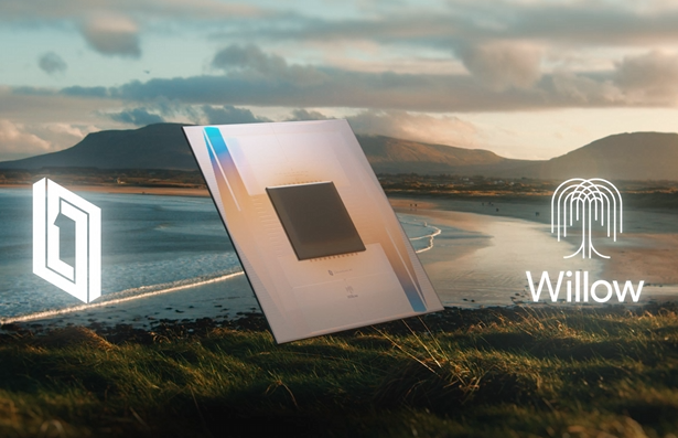 Scenic coastal landscape with ocean, mountains, and sky, overlaid with computer chip and Willow logo, symbolizing nature‑tech harmony.